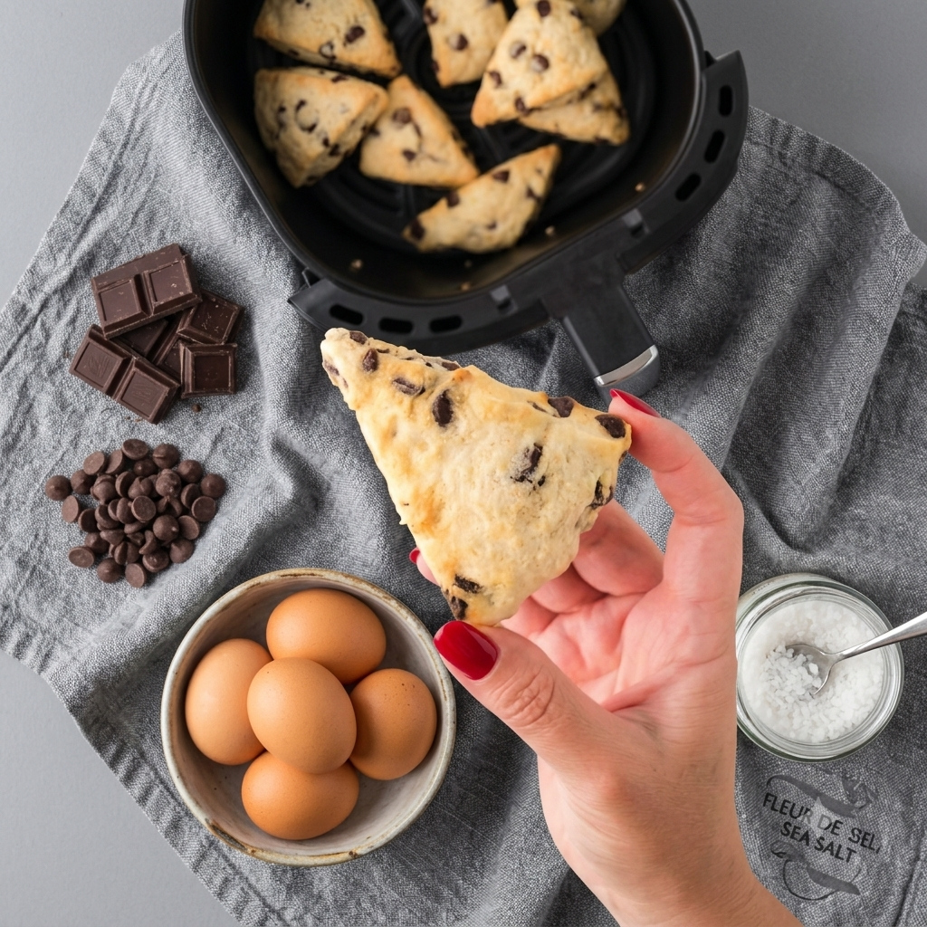 Golden air fryer chocolate chip scones in the basket with a hand holding one scone, alongside dark chocolate pieces, eggs, and coarse sea salt