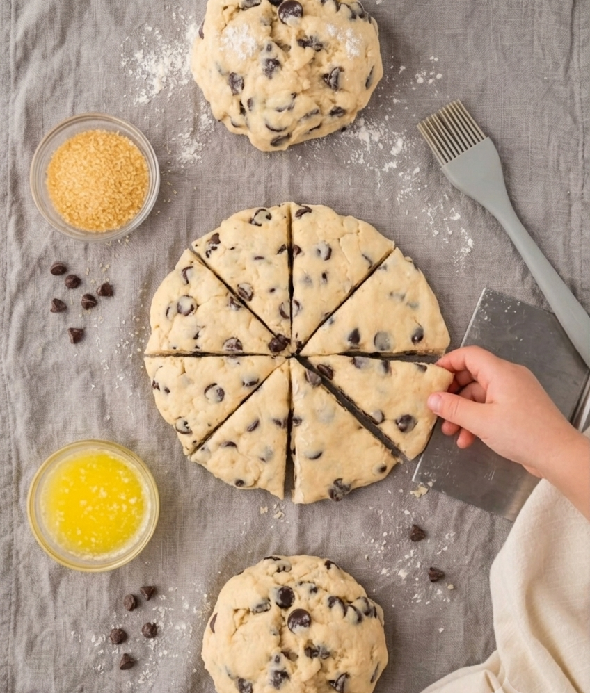 Scone dough shaped into a 7-inch circle and cut into 8 wedges, with melted butter, coarse sugar, and a pastry brush nearby