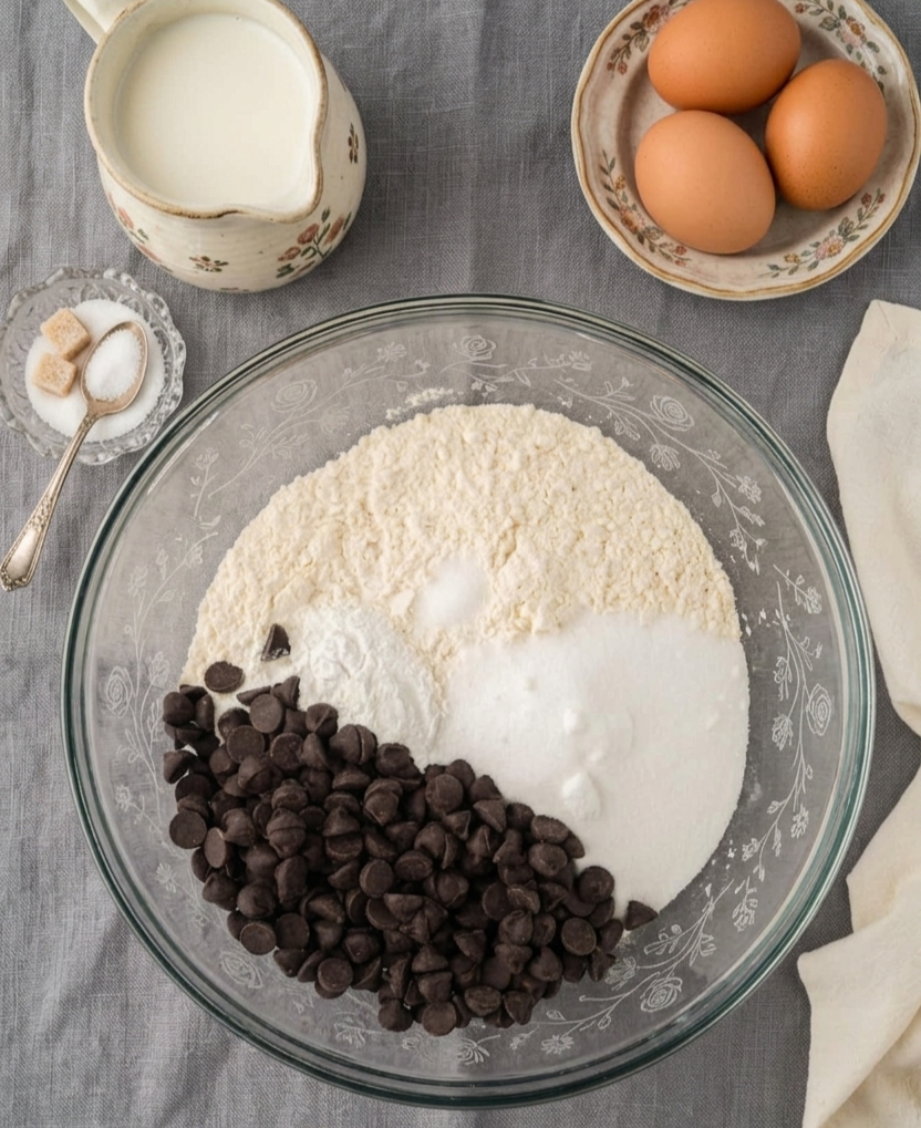 Dry ingredients in a large glass bowl: flour, sugar, baking powder, salt, and dark chocolate chips, with cold whipping cream and eggs nearby