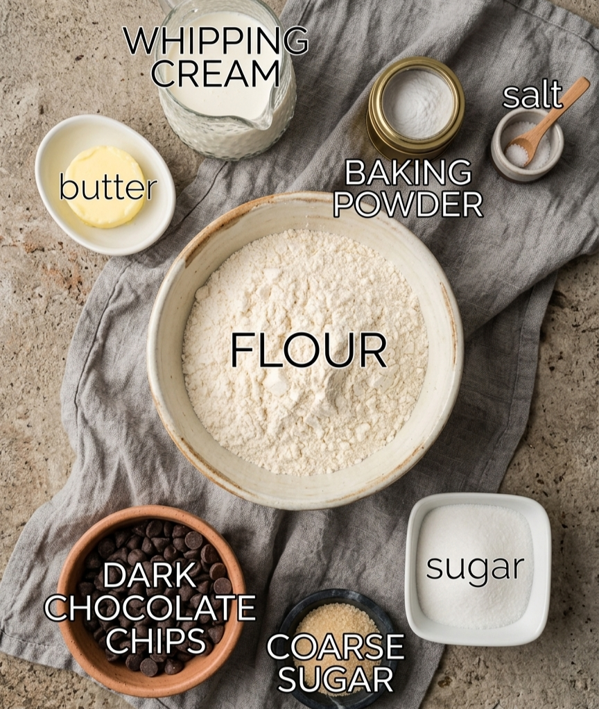 Labeled ingredients for air fryer chocolate chip scones: flour, whipping cream, butter, baking powder, salt, sugar, dark chocolate chips, and coarse sugar