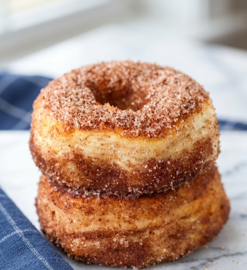 Puffy golden donuts immediately after being removed from the air fryer