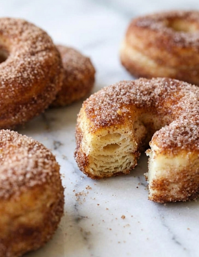Canned biscuit dough, butter, cinnamon and sugar arranged on a kitchen countertop
