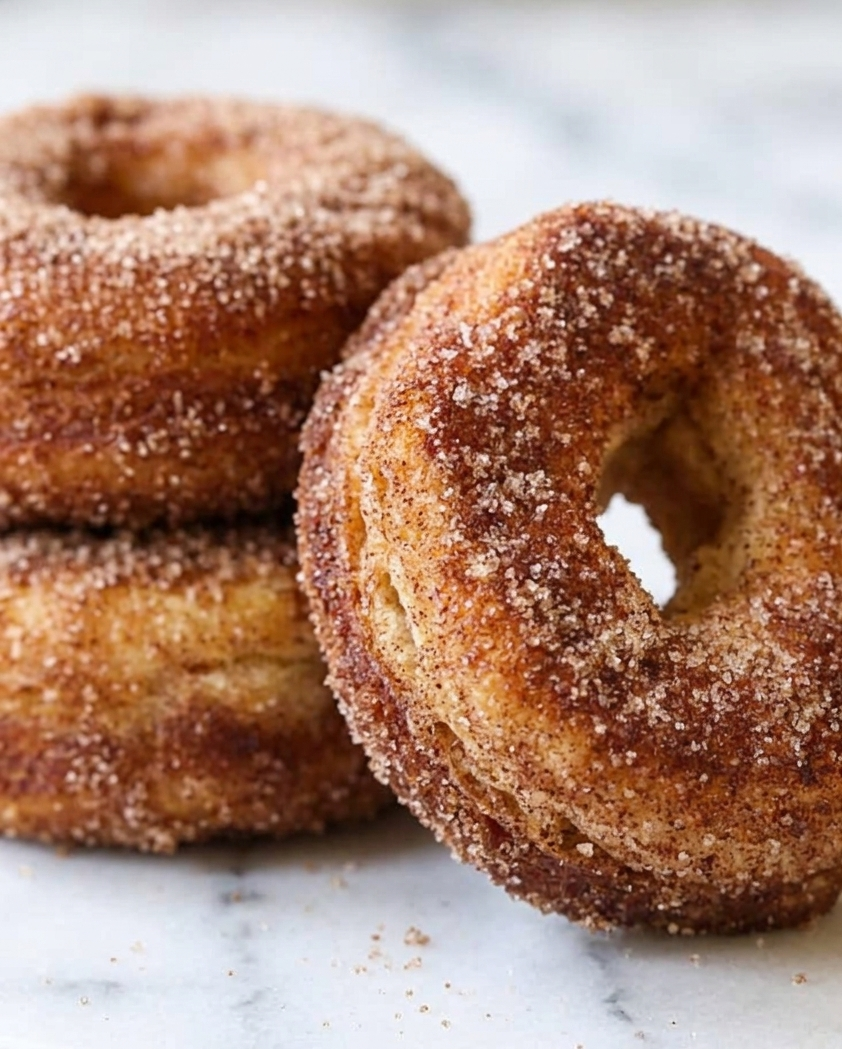Raw donut-shaped biscuit dough arranged with space between each piece in the air fryer basket