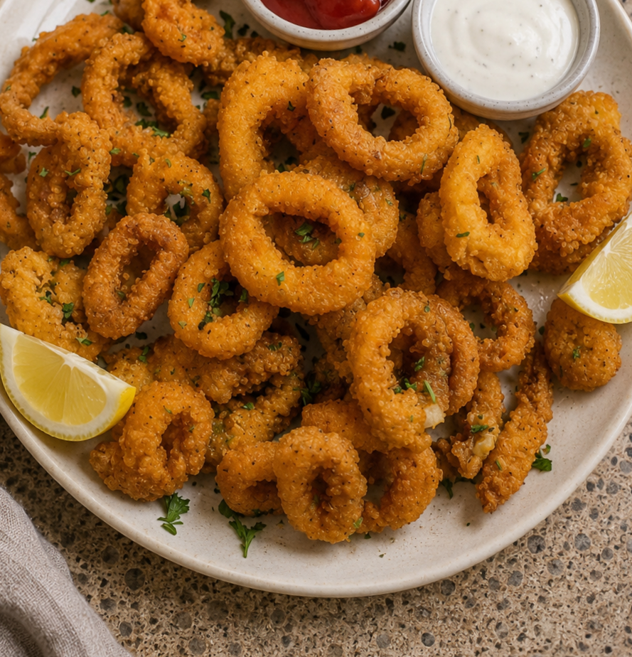 Crispy air fryer calamari rings served with lemon and dipping sauces