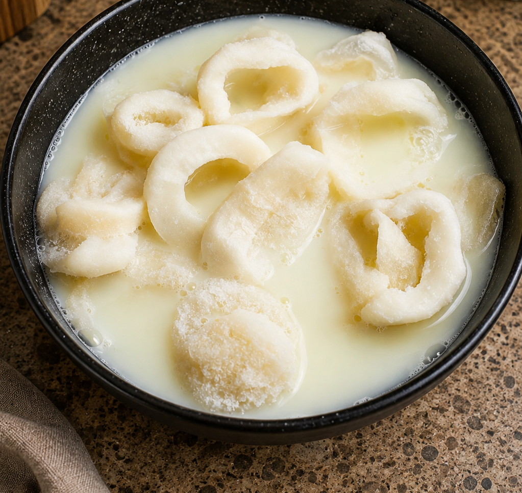 Raw calamari rings prepared on a board before coating