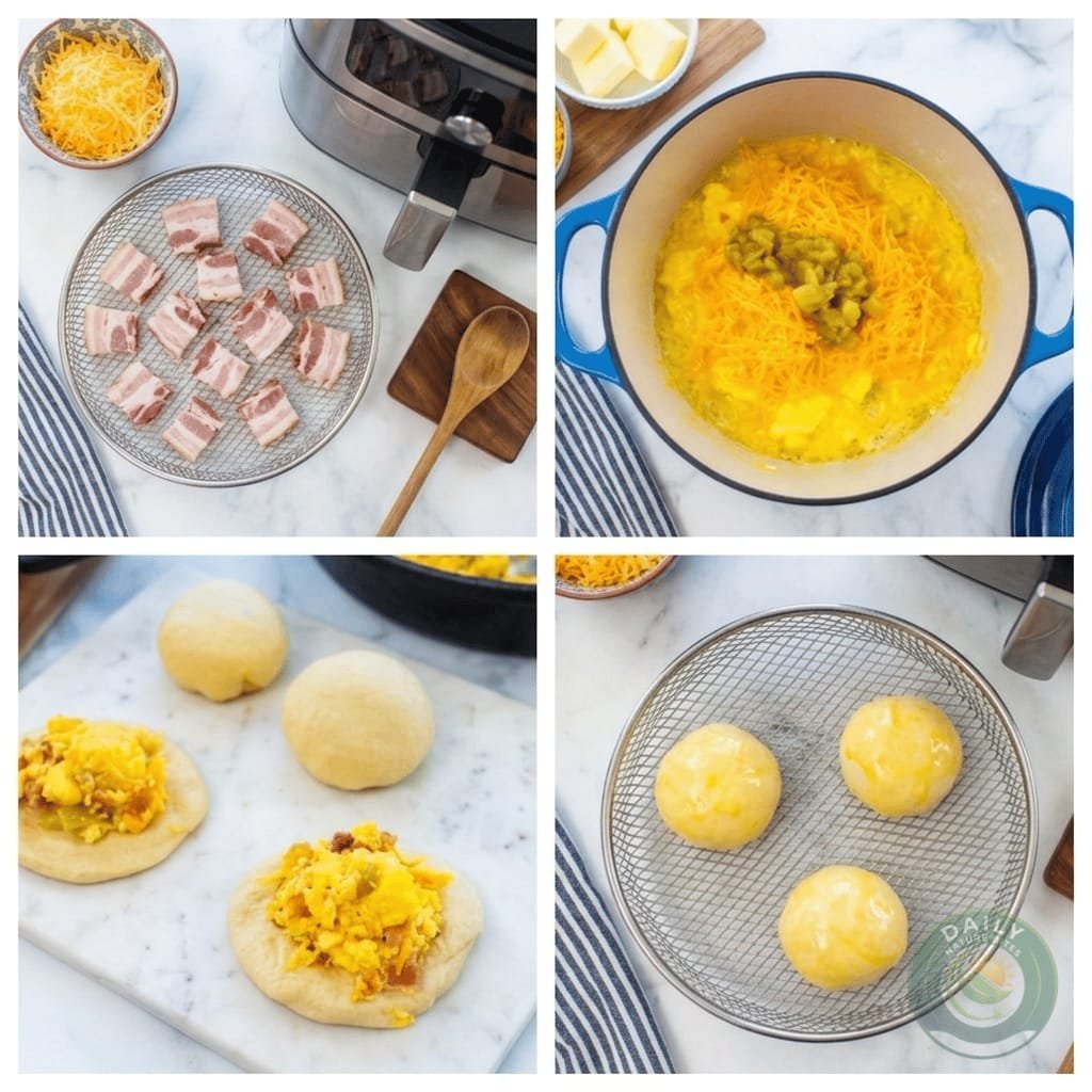 Breakfast bombs arranged in air fryer basket ready for cooking