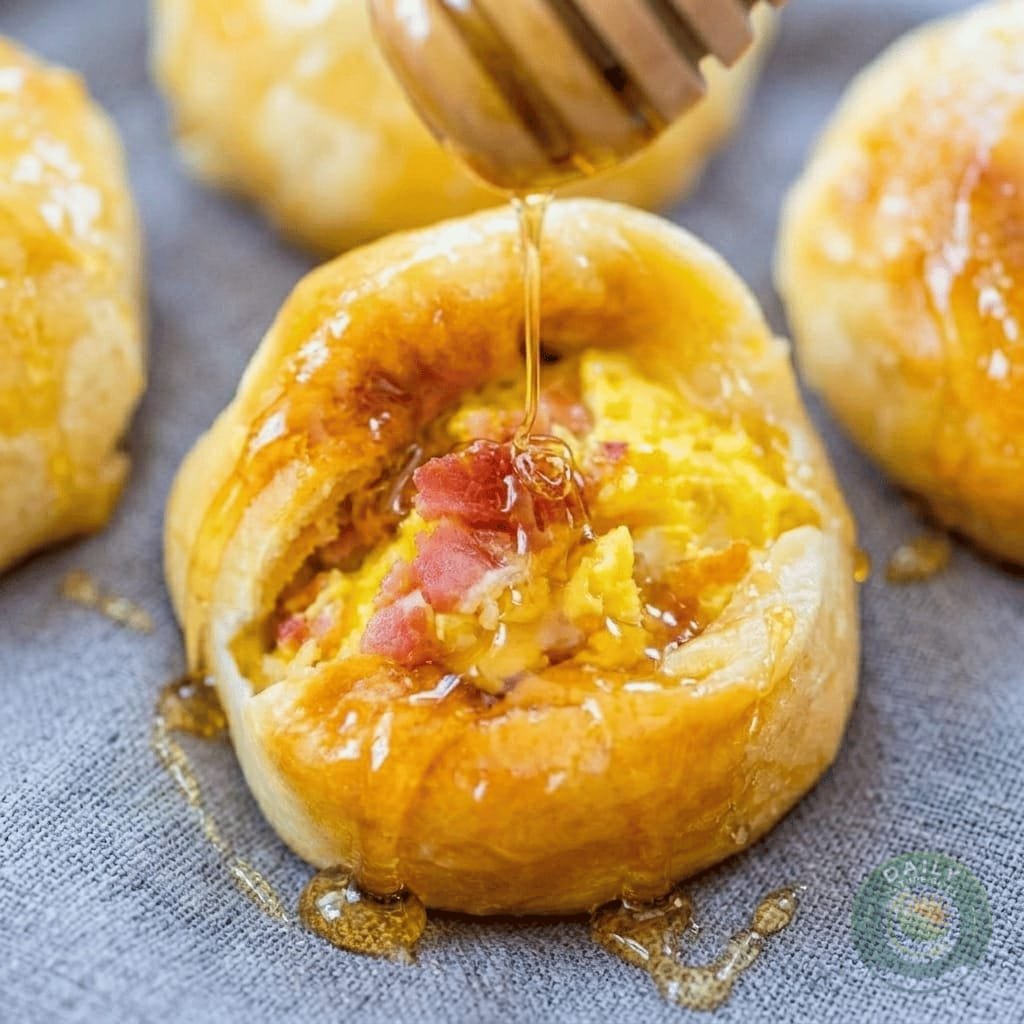 Step-by-step collage showing bacon in air fryer, egg filling with cheese and chiles, wrapping biscuit dough around filling, and bombs ready for air frying