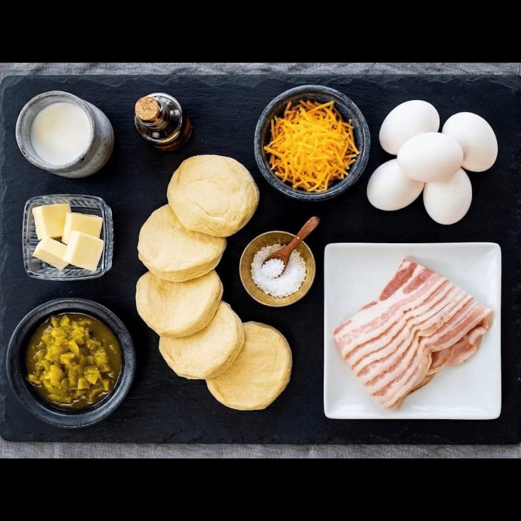 Ingredients for air fryer breakfast bombs: biscuit dough, eggs, bacon, cheddar cheese, green chiles, butter, milk, and maple syrup