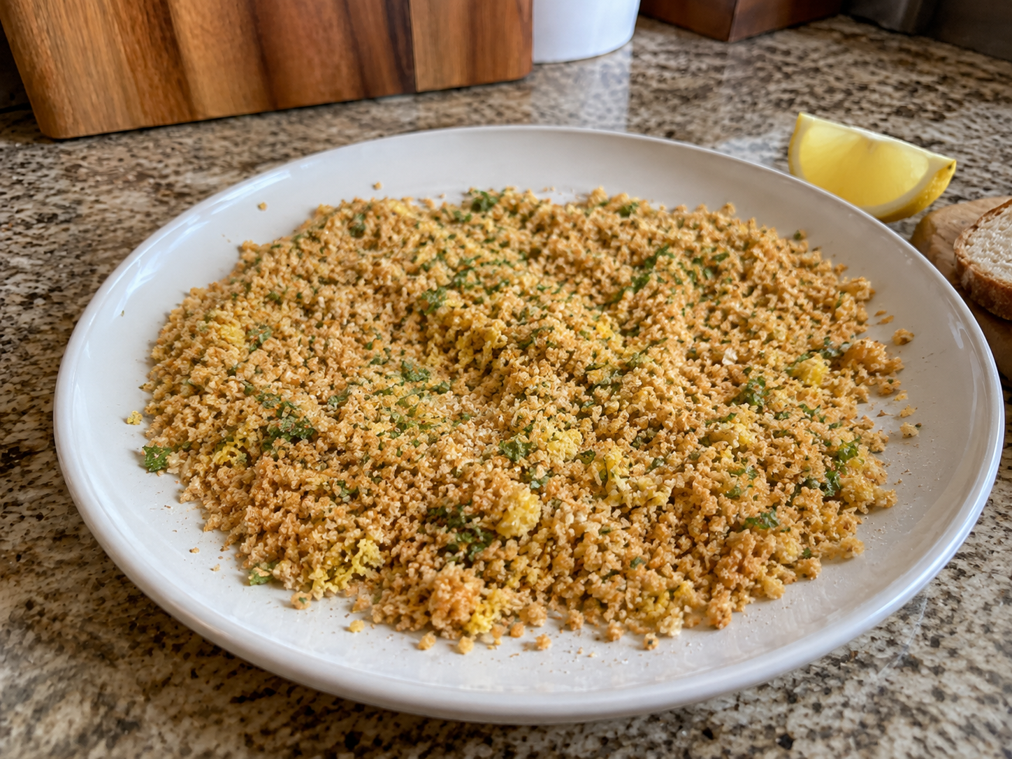 Fish portions dipped in beaten egg and firmly coated with coarse lemon-parsley crumb