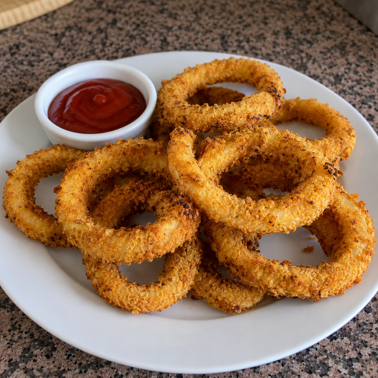 Coated onion rings arranged in a single layer inside an air fryer basket