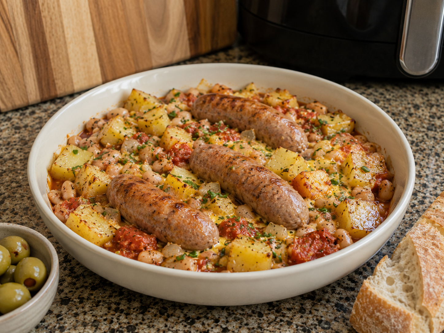 Spanish sausage and potato bake