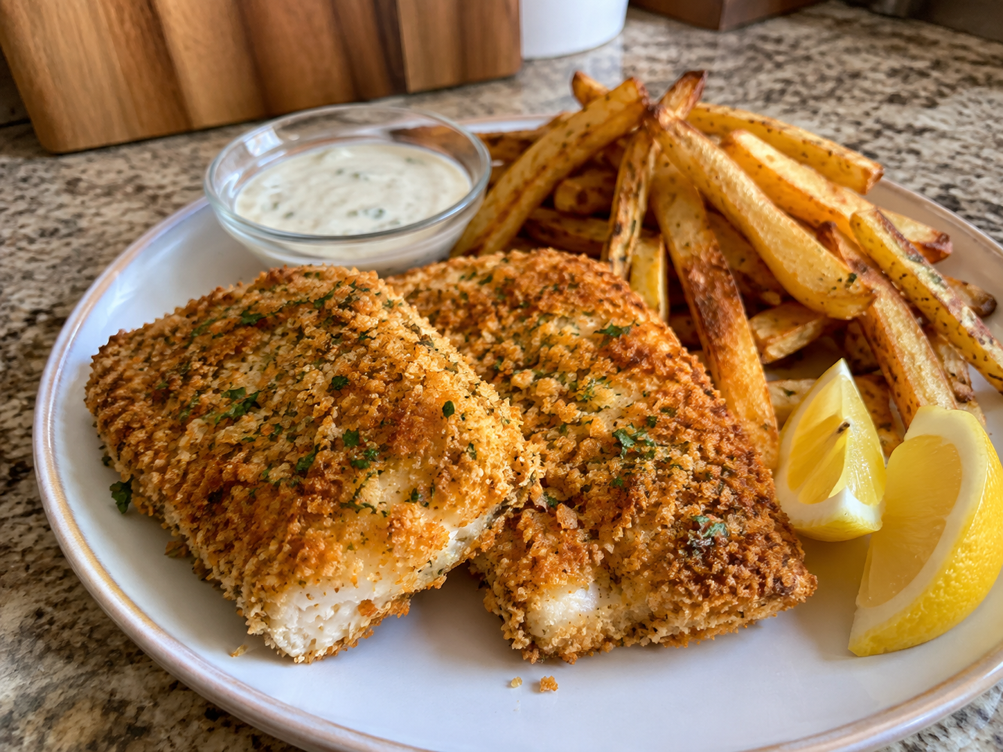 Finished golden breaded fish portions arranged inside the air fryer basket with space between each piece