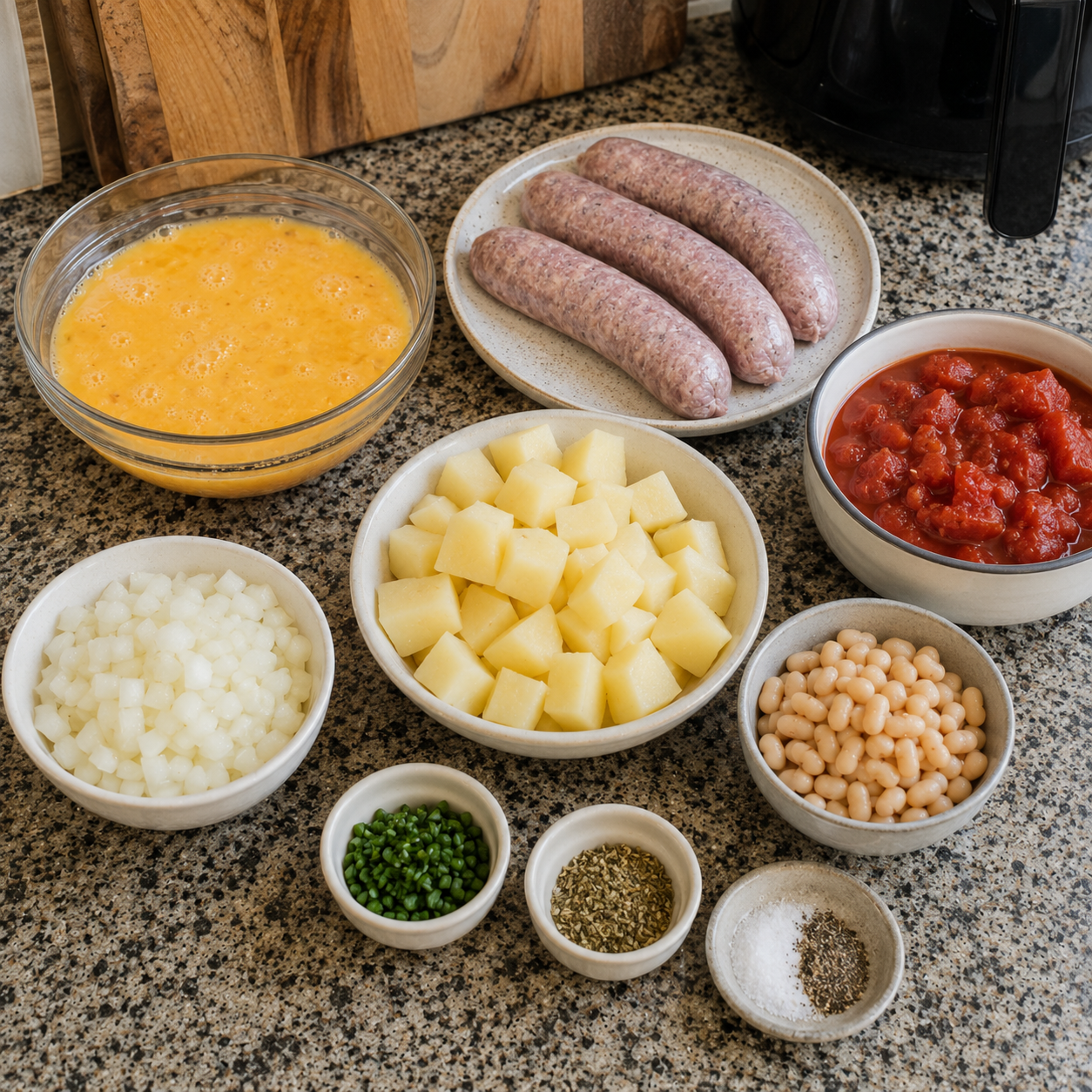 Egg mixture poured over potatoes and onion, finishing under the grill