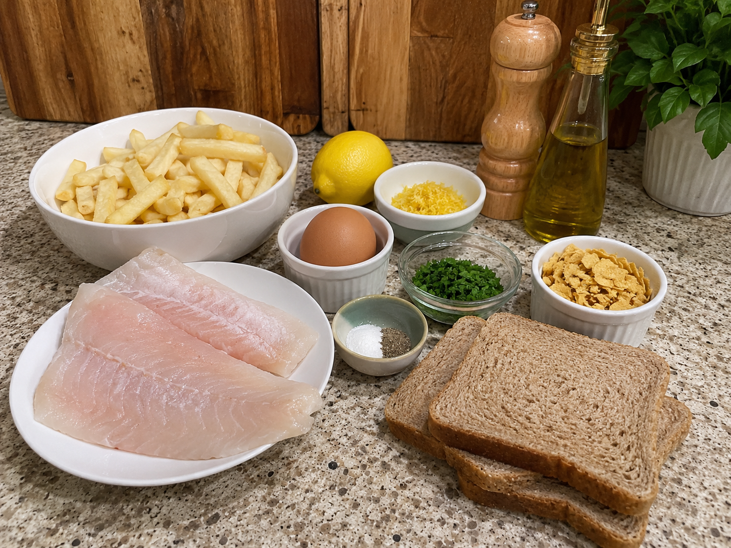 Crispy lemon and parsley coated air fryer fish served with golden fries and tartar sauce
