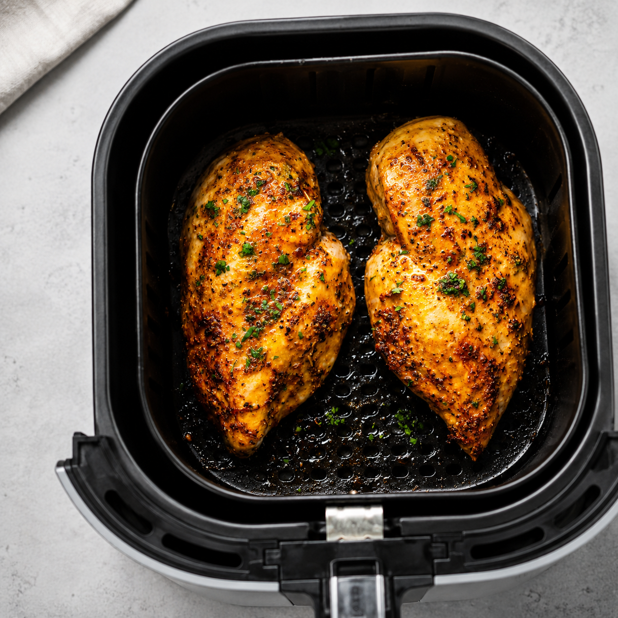 Air fryer basket with cooked chicken breast and mixed roasted vegetables