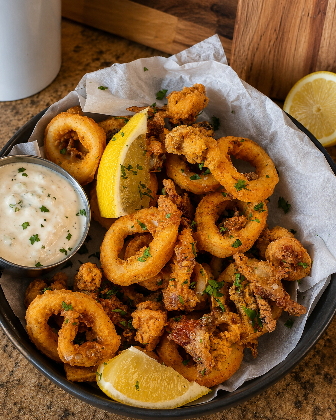Calamari rings coated with seasoned oat crumbs before air frying