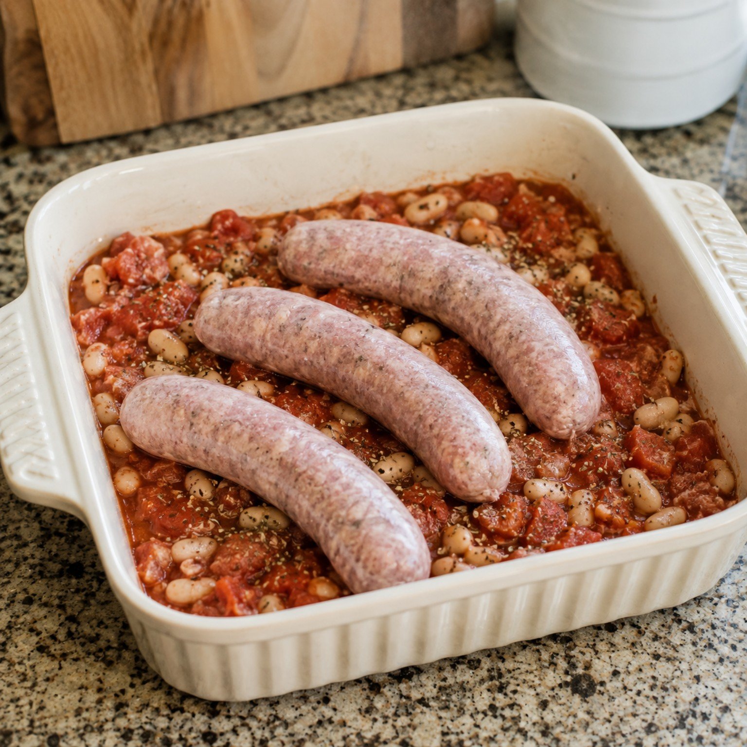 Tomato and sausage base with haricot beans and oregano in an oven dish
