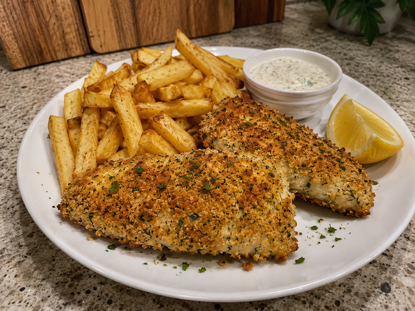 Crispy golden air fryer fish fillets served with fries and fresh lemon wedges