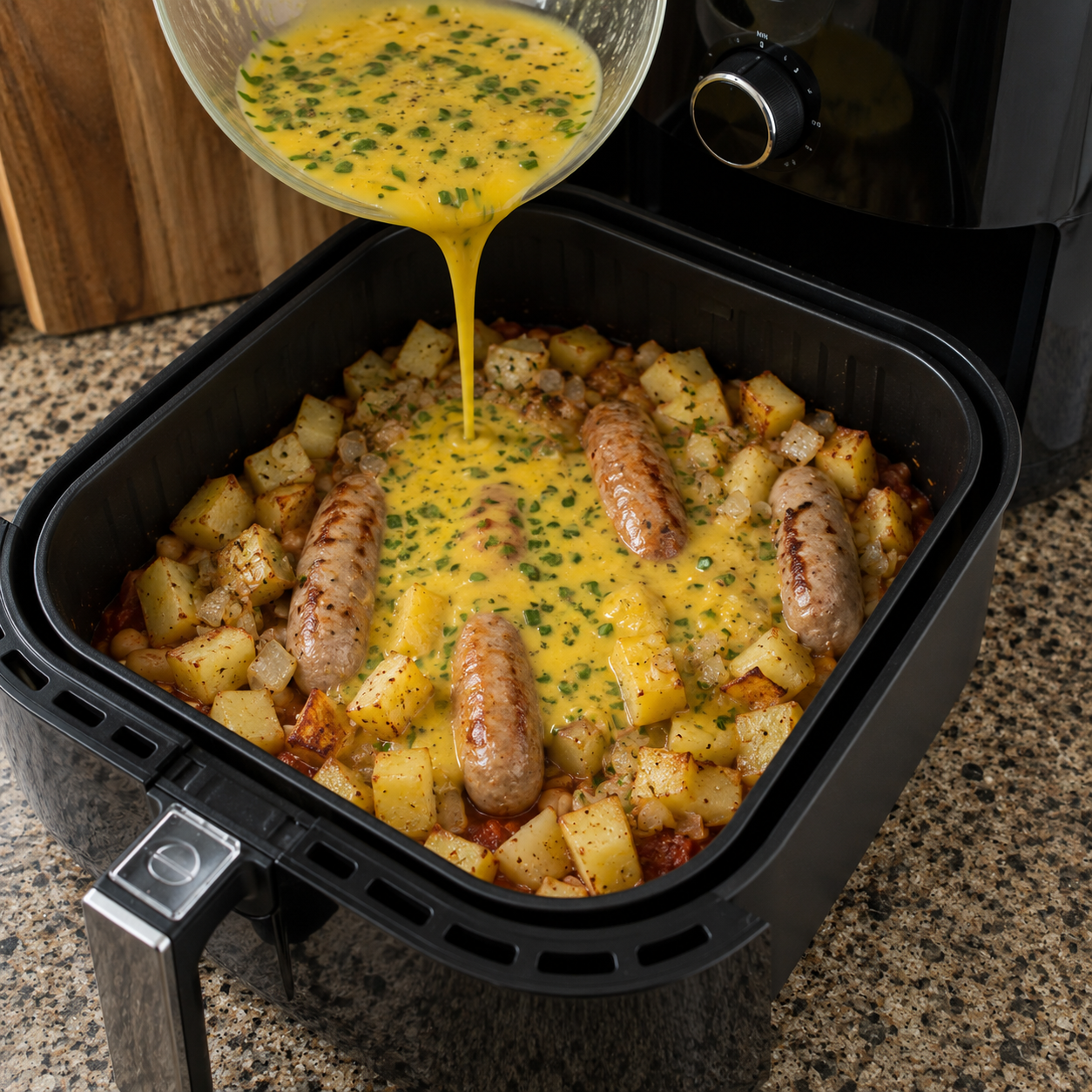 Spanish-style sausage, potato and egg bake with tomatoes and beans