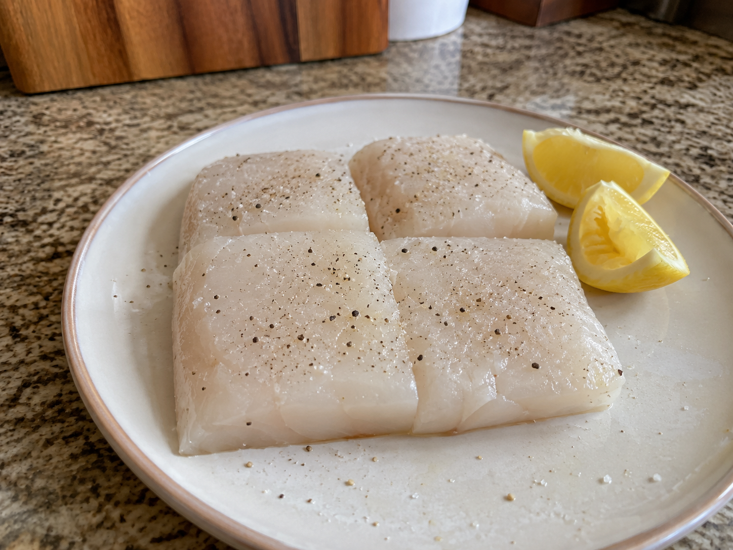 Four raw fish portions on a cutting board seasoned with fresh lemon juice, salt, and black pepper