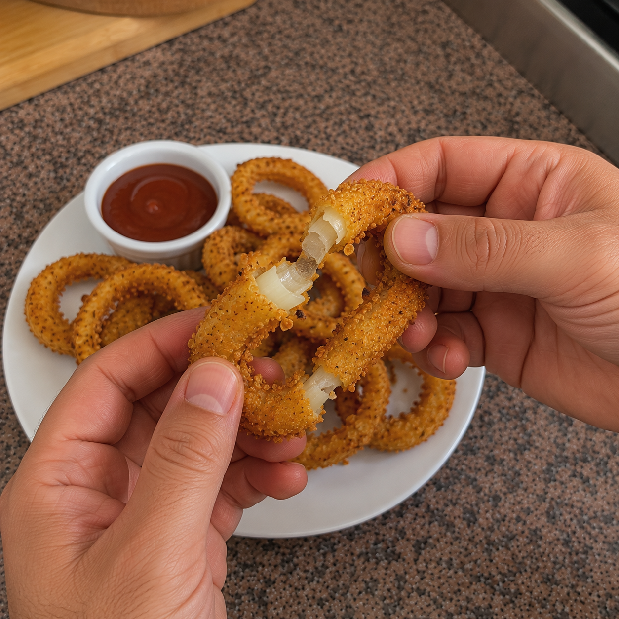 Onion rings being coated in ground oats and egg, showing the three-step coating process