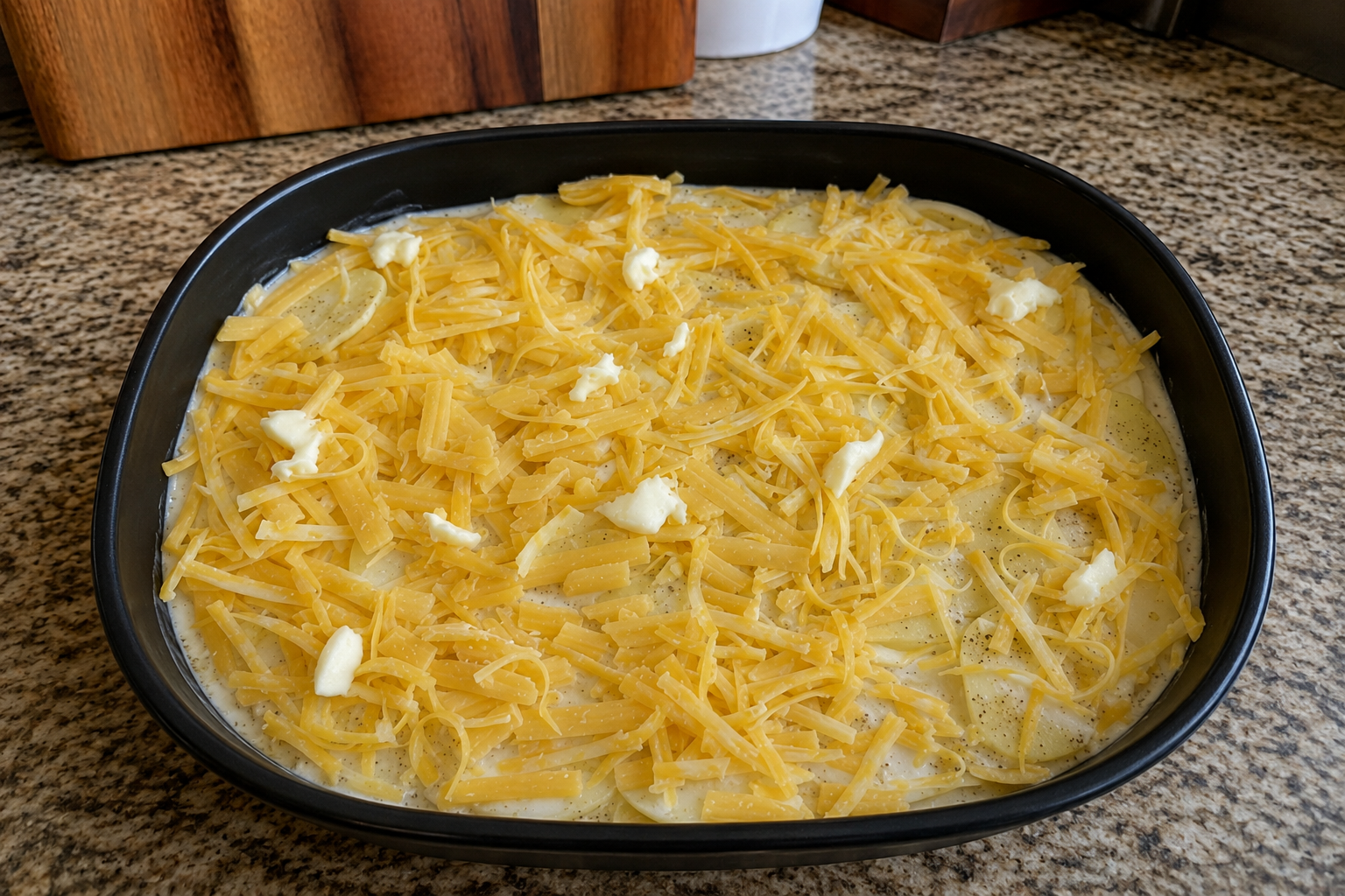 Four ramekins topped with cheddar before the final air fryer cooking stage