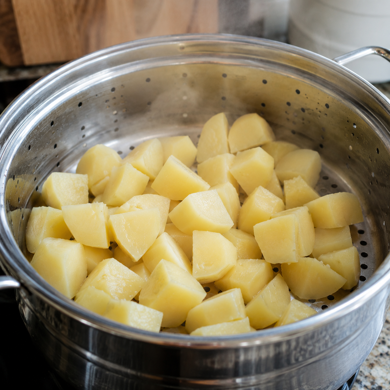 Potato and onion mixture being finished in a frying pan with butter