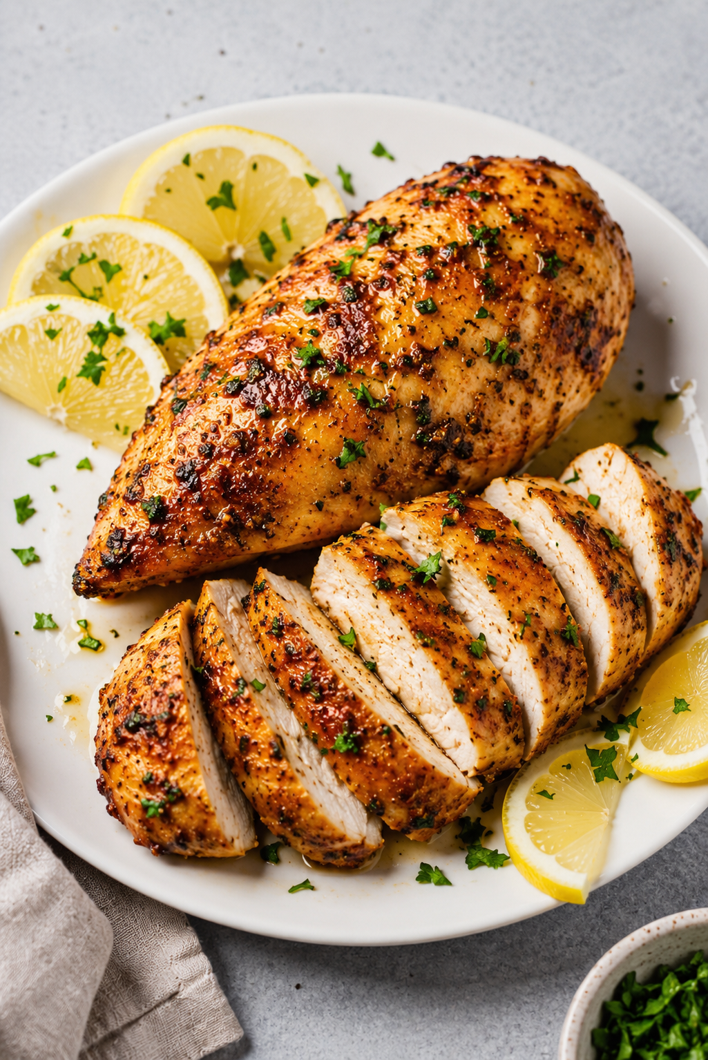 Sliced air fryer chicken breast on a white plate showing moist opaque interior with herb crust