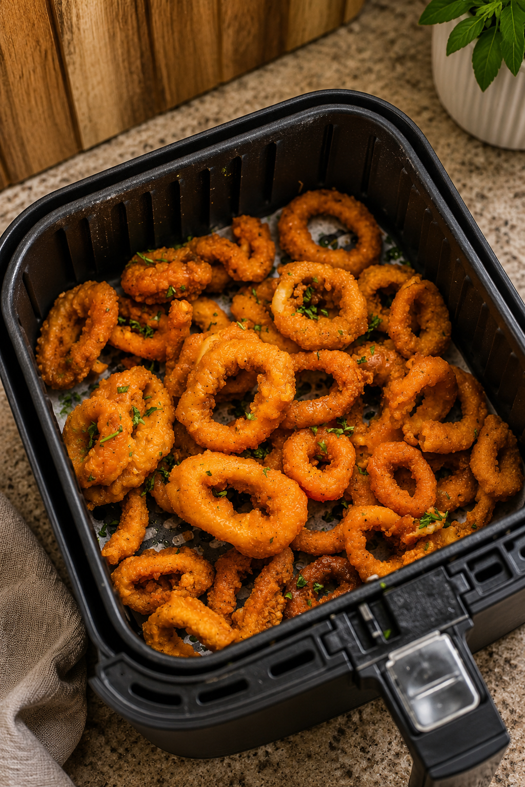 Golden crispy calamari rings finished cooking inside the air fryer